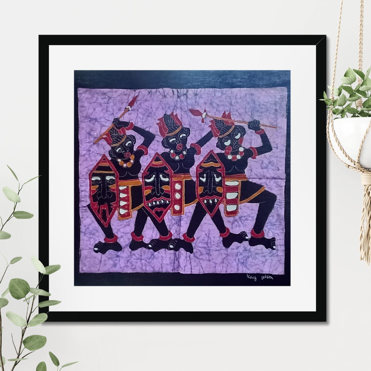 Three Dancing Warriors - Javanese Batik Wall Art - Home Decor / Wall Hanging