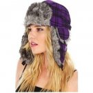 Hot Topic Purple and Black Plaid Trapper Style Hat Ear Flap Cap
