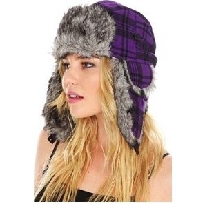 Hot Topic Purple and Black Plaid Trapper Style Hat Ear Flap Cap