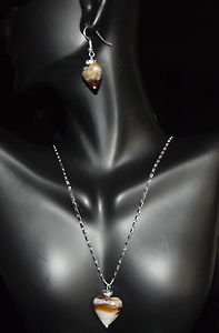 Brown & White Lampwork Glass Necklace and Earring Set - New in Box