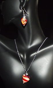 Red Orange & White Lampwork Glass Necklace and Earring Set - New in Box