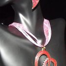 Stunning Red Pink Gold Heart Necklace and Earring Set with Silk Cord Necklace