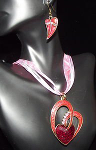 Stunning Red Pink Gold Heart Necklace and Earring Set with Silk Cord Necklace