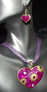 Stunning Purple and Gold Heart Necklace and Earring Set with Cord Necklace