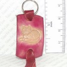 Hand Tooled Leather Keychain - Burgundy and Tan with Domestic Cat