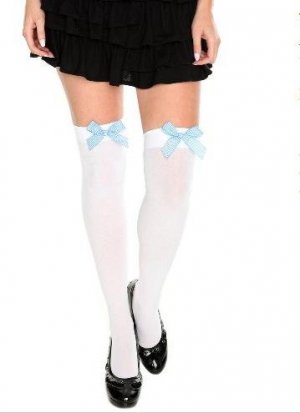 HOT TOPIC White with Blue Gingham Bow Thigh Highs