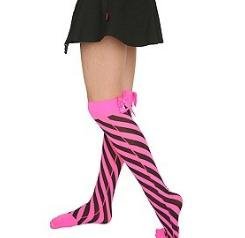 HOT TOPIC Hot Pink and Black Stripes Bow Thigh Highs
