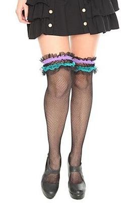 HOT TOPIC Purple And Teal Ruffle Black Fishnet Thigh Highs