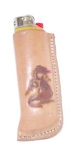 Hand Tooled Leather Bic Lighter Cover - Single Sided Dragon - Brown with Red