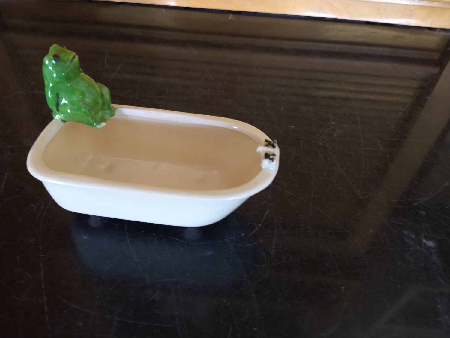 Ceramic Bath Tub Water Food Dish With Sitting Frog Reptile Amphibian Snake Hand Crafted
