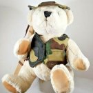 Adorable Dan Dee Plush 7” Bear With Camouflage Outfit, Hat And Wooden Gun