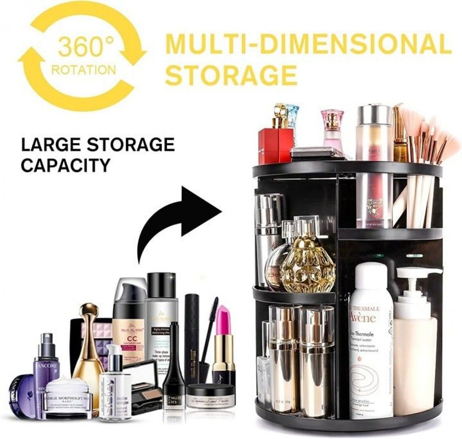 Rotating Makeup Organizer - DIY Adjustable, Large Capacity Black