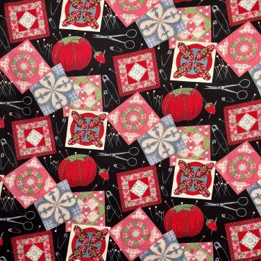 Quilting Themed Fabric Quilt Blocks Scissors Pins Notions 100% Cotton By the Yard