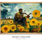 Painting Man Playing Violin in Sunflower Field | Printable Vintage Wall Bedroom Digital Art Decor