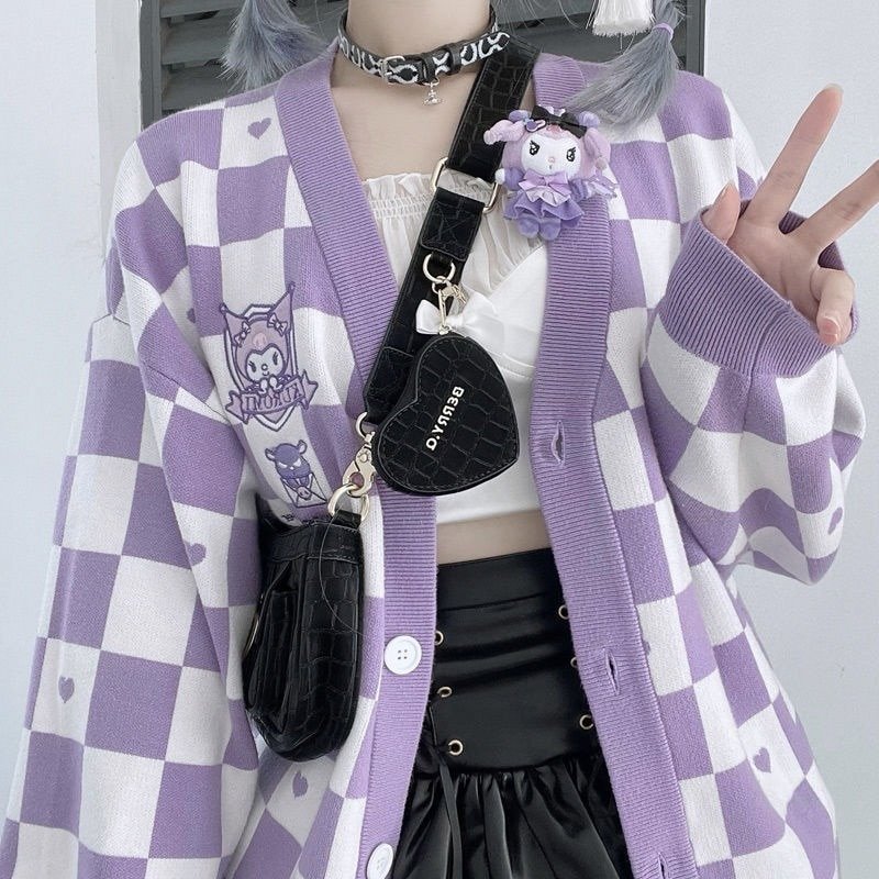 Kawaii Sanrio Melody Knit Sweater Women Kuromi Cinnamoroll Pompurin Cardigan Loose Blouse Girl Wear
