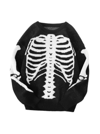 Streetwear Gothic Punk Bone Skeleton Knitted High Quality Jacquard Sweater