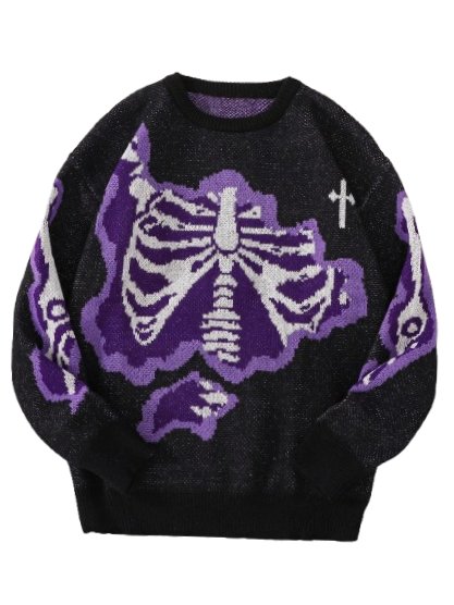 Bone Skeleton Butterfly Cross Knitted High Quality Jacquard Gray Sweater