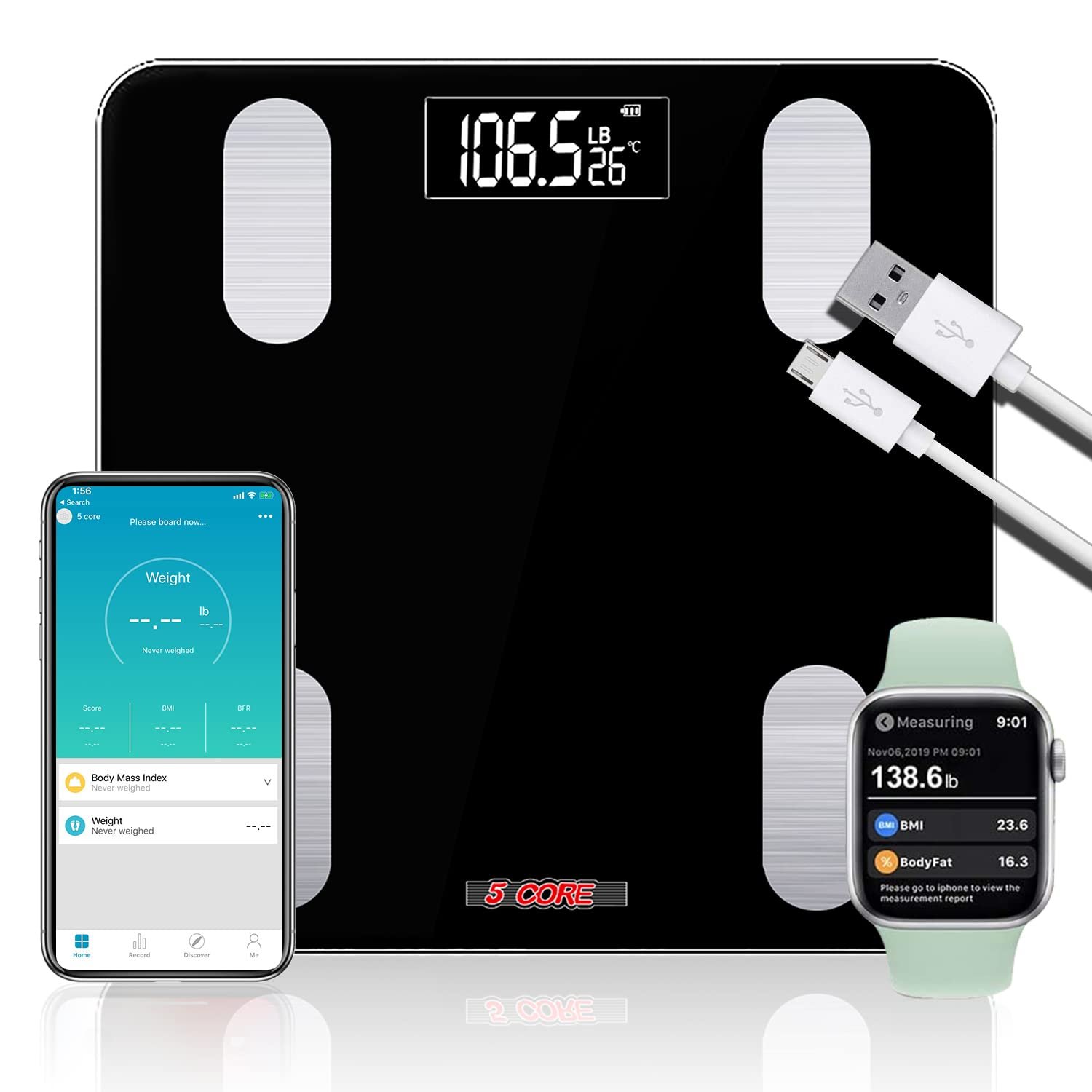 5 Core Digital Bathroom Scale for Body Weight Fat Smart Bluetooth Rechargeable BBS VL R BLK