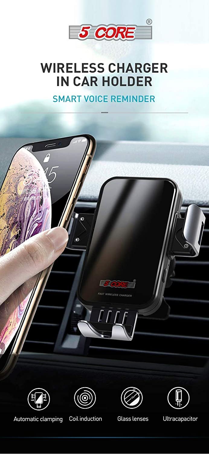 5 Core Wireless Car Charger Mount, 15W Qi USB Fast Charging Auto Clamping Car Charger WICH CHARGER
