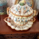 A large vase with a dish from Capodimonte marking.Italy Vintage