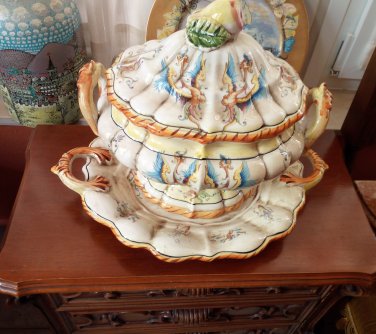 A large vase with a dish from Capodimonte marking.Italy Vintage