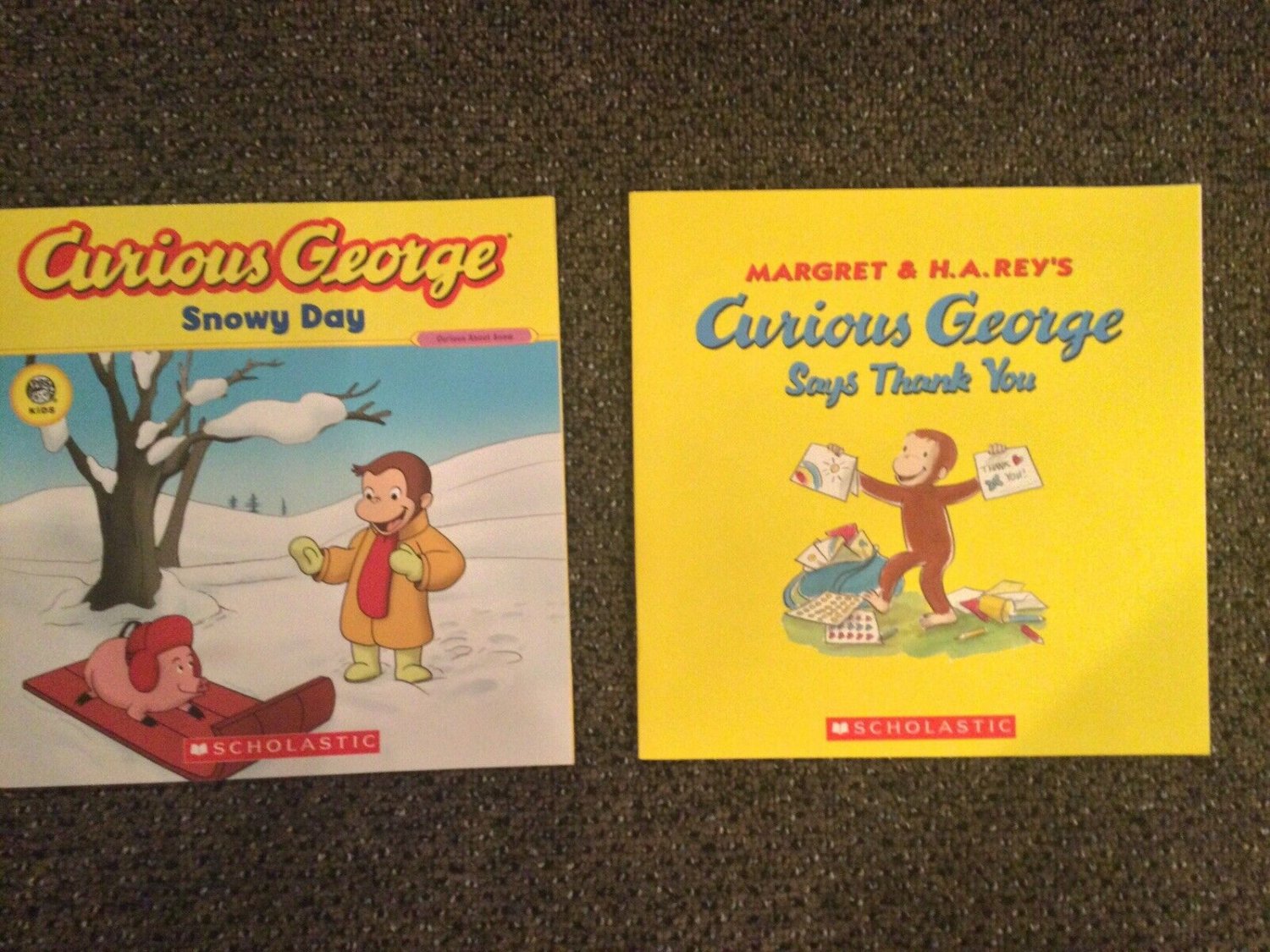 Two Curious George Books; Snowy Day and Says Thank You, Like New