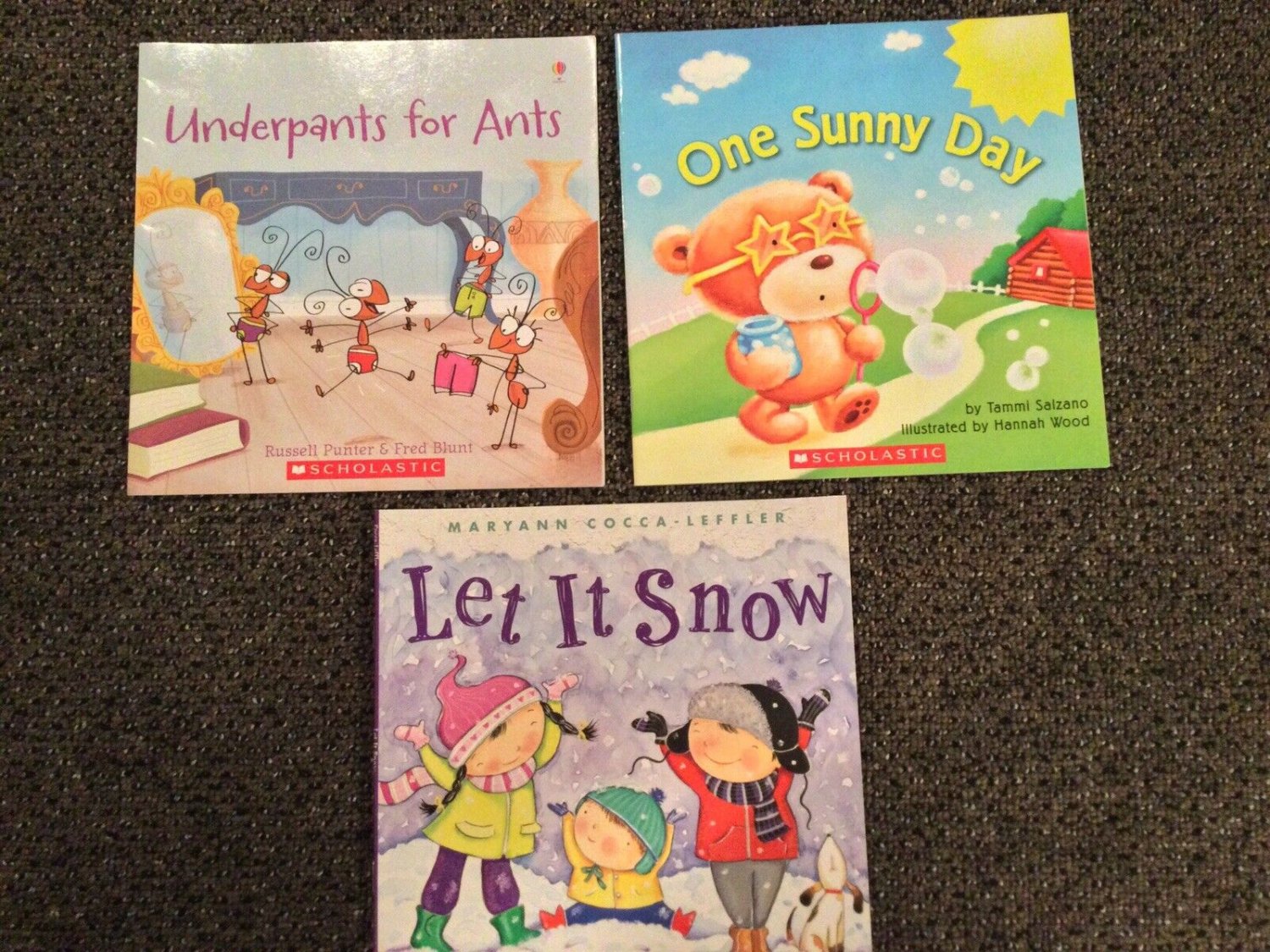 Three Scholastic Books: One Sunny Day; Let It Snow; Underpants for Ants