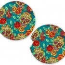 Teal Floral Sugar Skulls  | Set of 2 Matching Coasters Car Gift Cup Holders