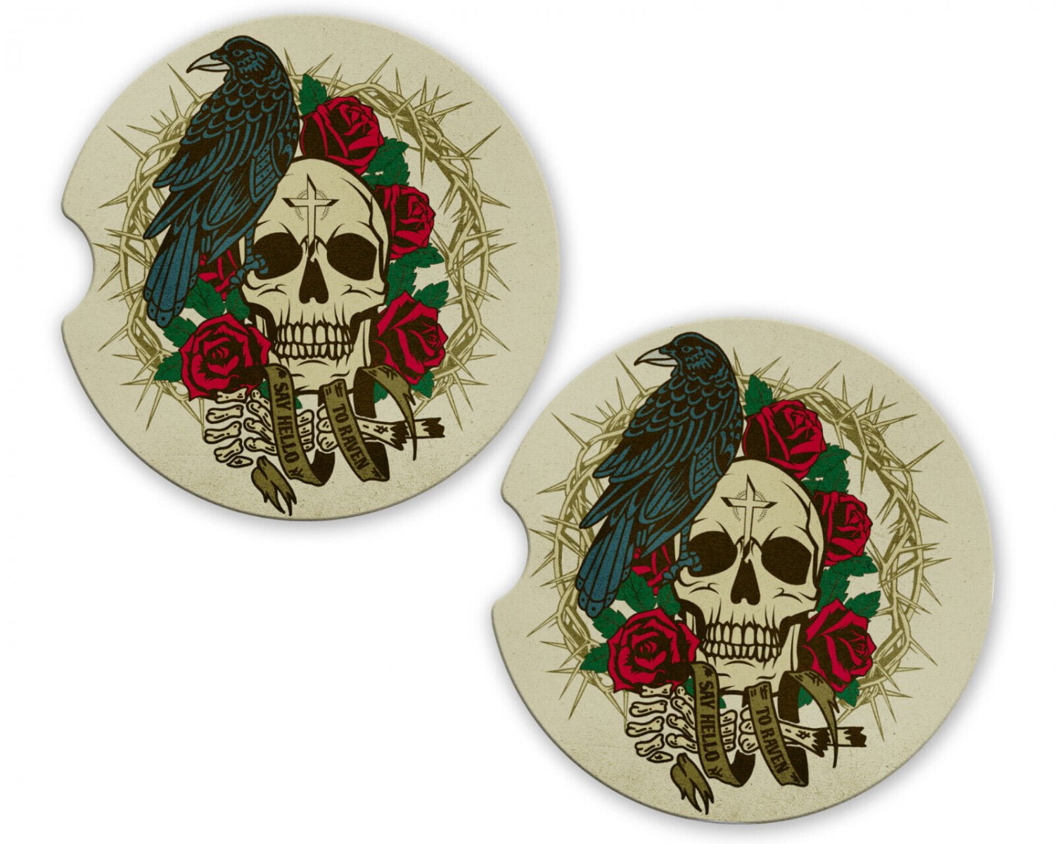 Skulls Raven Sandstone Car Cup Holder Coaster Set