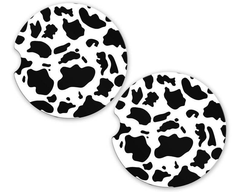 Black Cow Hide Pattern Animal Print Sandstone Car Cup Holder Coaster Set Gift