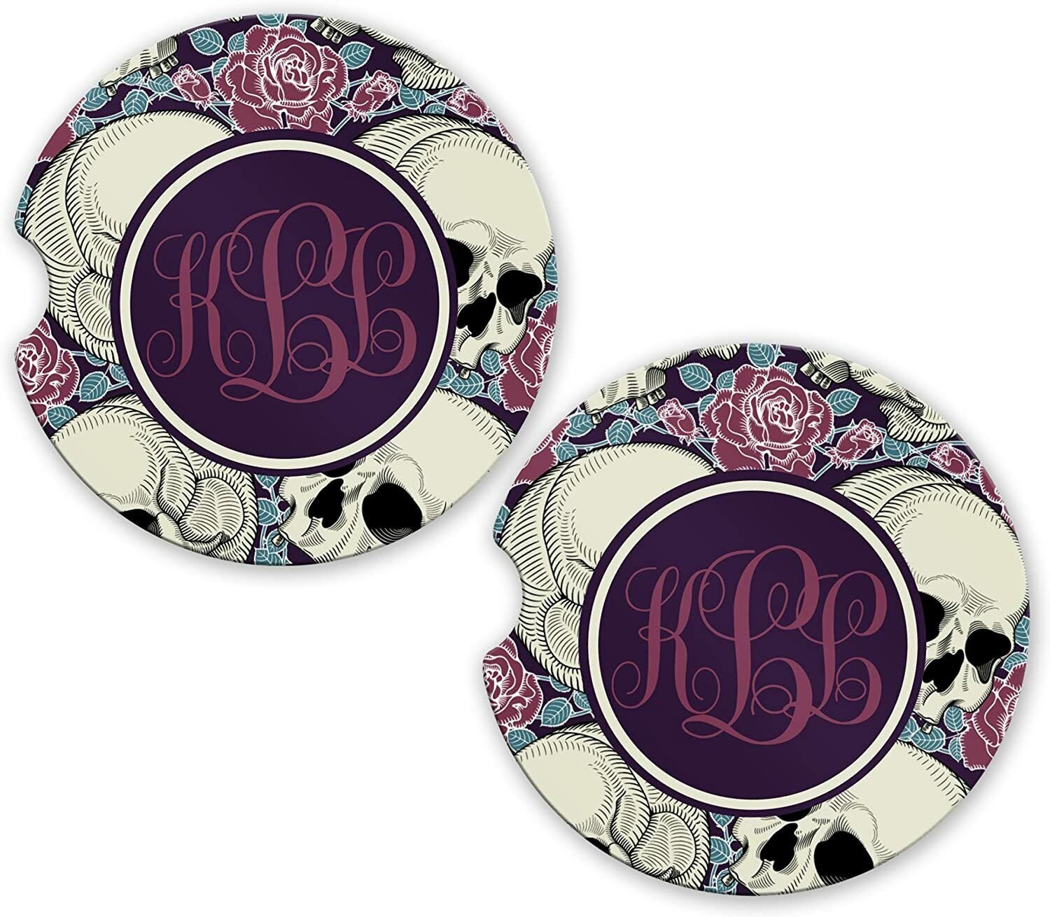 Purple Roses Sugar Skulls Monogram  | Set of 2 Coasters Car Gift Cup Holders
