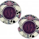 Purple Roses Sugar Skulls Monogram  | Set of 2 Coasters Car Gift Cup Holders