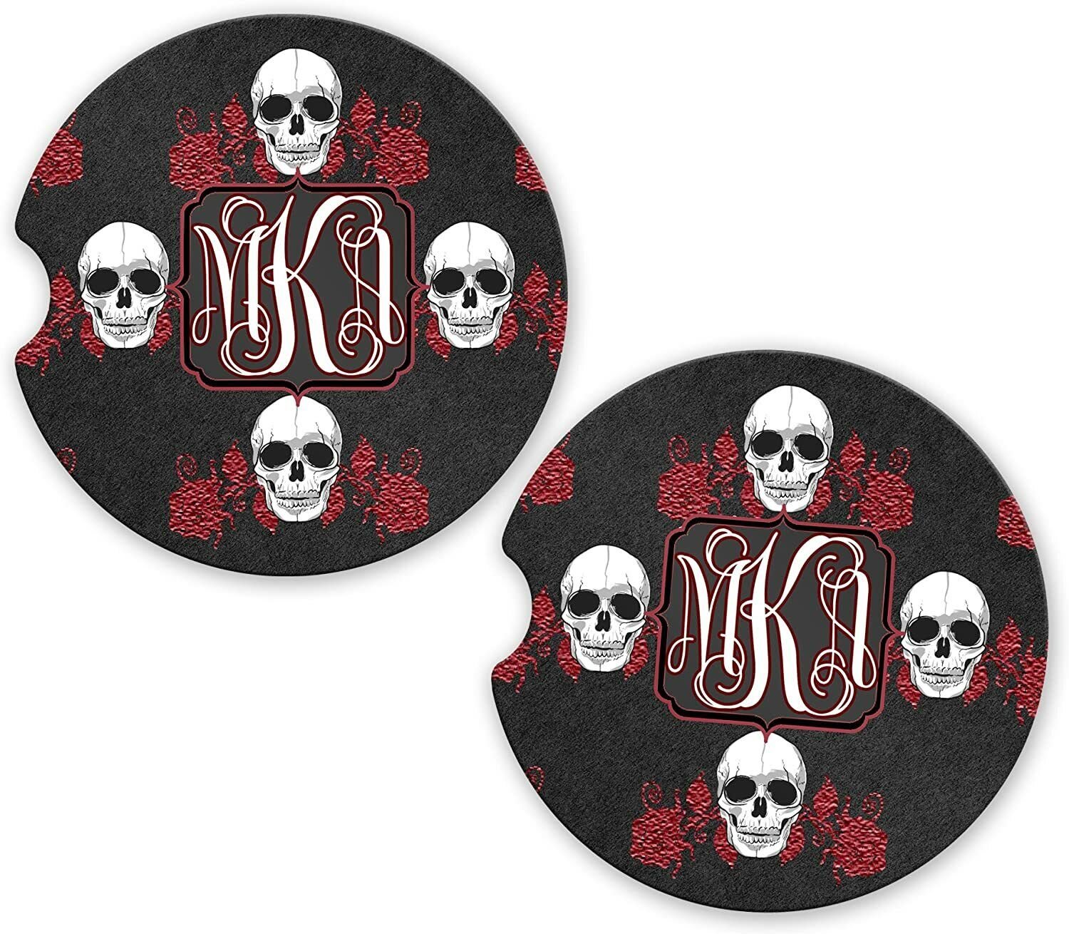 Black Red Flames Skulls Monogram  | Set of 2 Coasters Car Gift Cup Holders