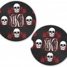 Black Red Flames Skulls Monogram  | Set of 2 Coasters Car Gift Cup Holders