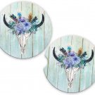 Boho Wood Cow Skull  | Set of 2 Matching Coasters Car Gift Cup Holders