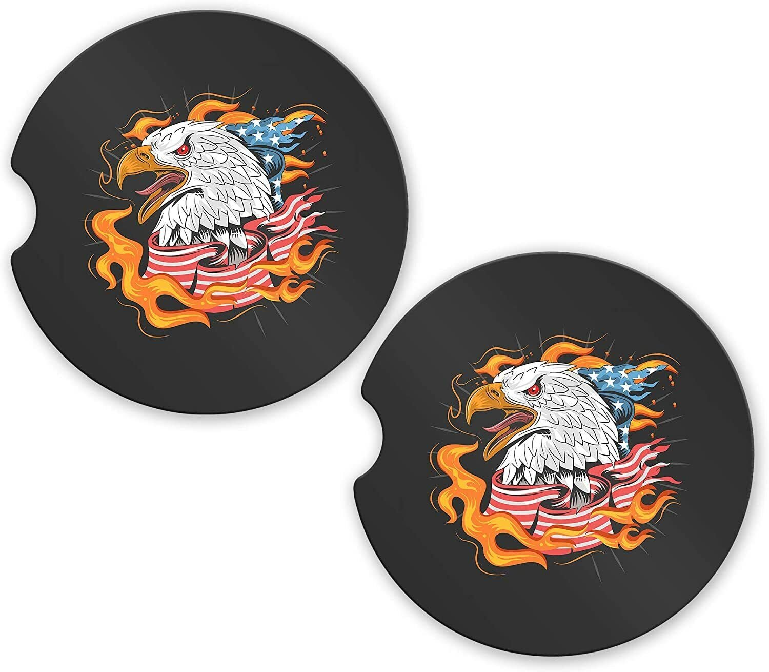 USA American Flag Fire American Eagle Set of 2 Coasters Car Cup Holder