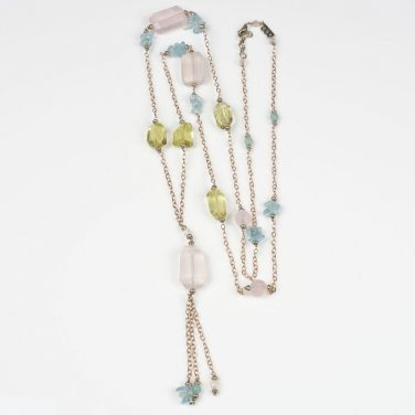 Boheme Pastel Long Necklace, Rose Gold Plated 925 Silver, Aquamarines, Rose Quartz and Lemon Quartz