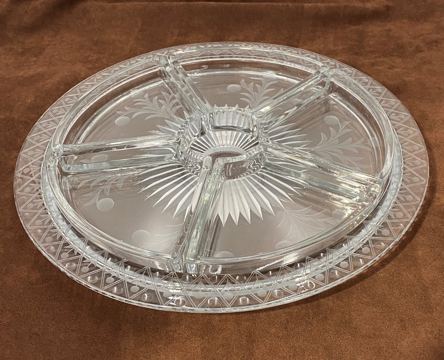 Vintage Glass Platter round divided sections eggs veggie nuts plate server star