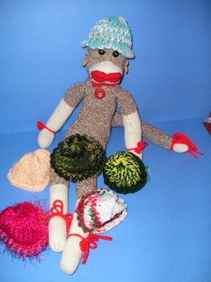 Pastel Pink-Blue etc  knit Cap Hat Sock Monkey or doll Handmade NEW!