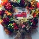 NEW HANDMADE FLORAL RED TRUCK HAPPY FALL WREATH WITH PUMPKINS