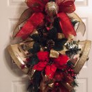 NEW HANDMADE LARGE DESIGNER POINSETTIA BELLS CHRISTMAS WREATH RED GOLD SWAG