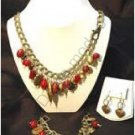 Red & Brass Bead Necklace with matching bracelet and earrings