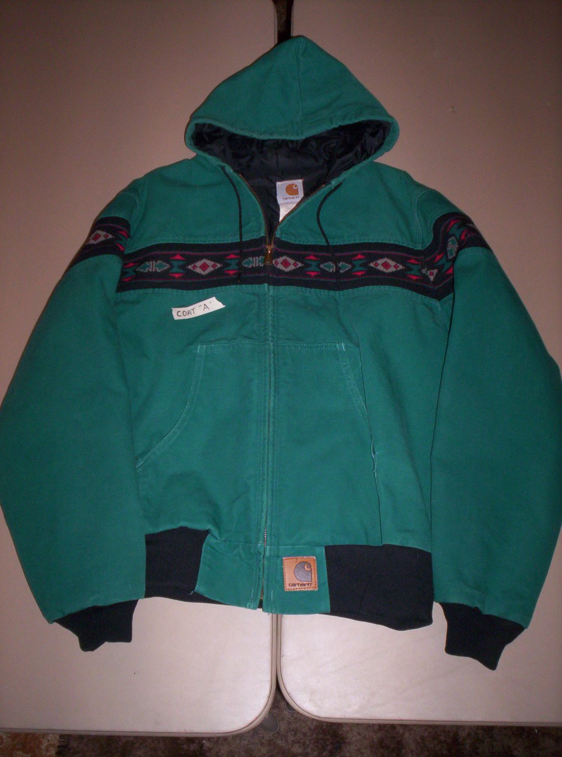 TWO Western Carhartt green hooded jackets Southwestern/Navajo design ...