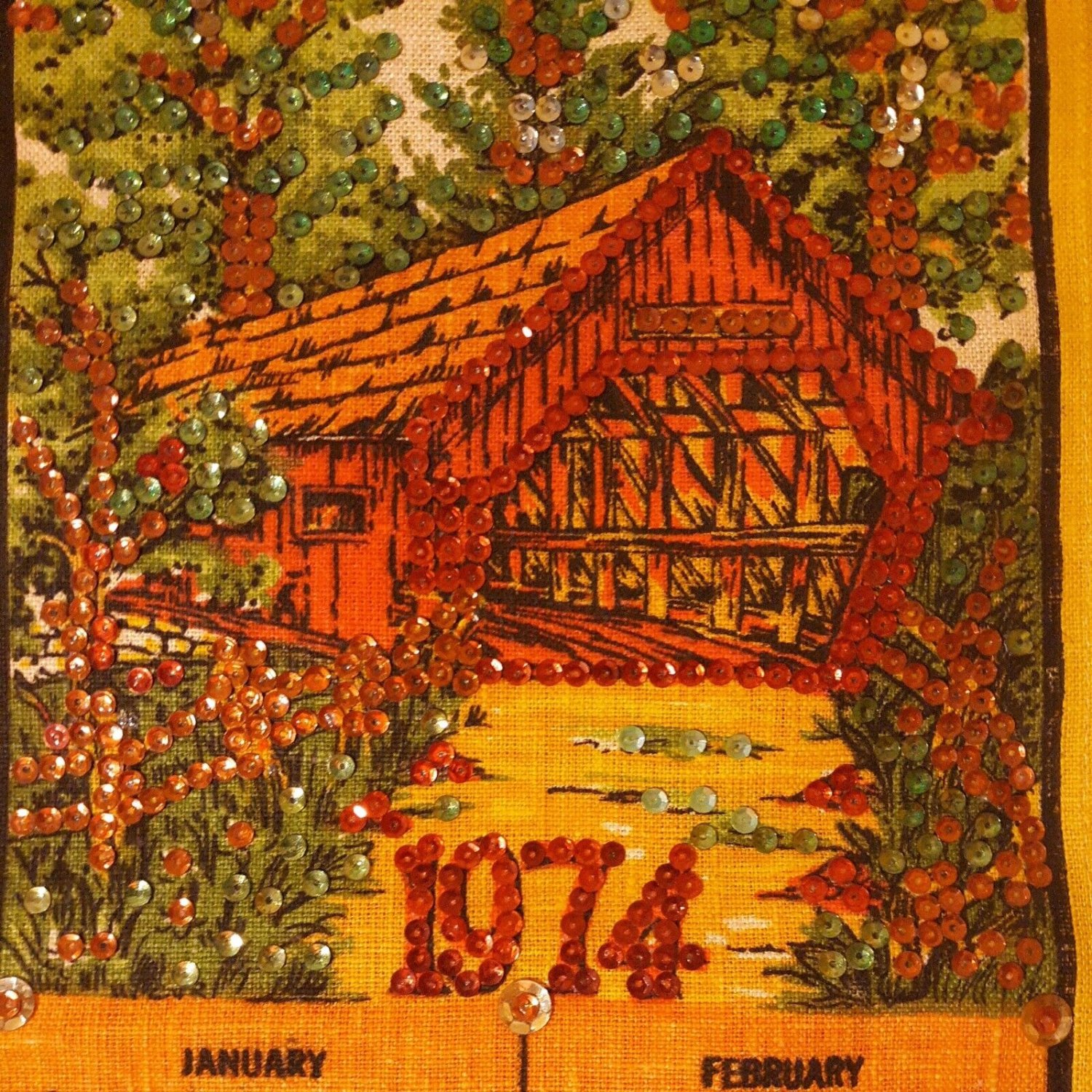 1974 Covered Bridge Linen Hanging Calendar Tea Towel colorful, sequins,  Vintage