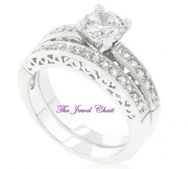 2 Ct Round cut Filigree Diamond Antique Engagement Wedding Ring Set White Gold