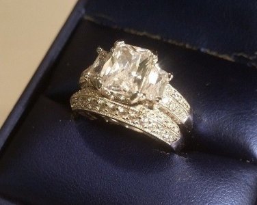 2 Ct Emerald cut 3 Stone Diamond Engagement Ring Wedding Band 14k White Gold