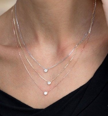 Round Bezel set Diamond Pendant Necklace White, Rose and Yellow Gold Chain