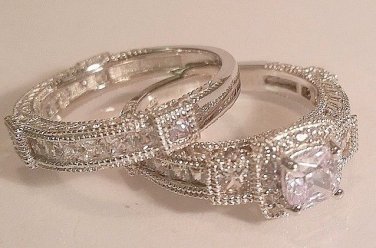 3 Ct Princess Vintage Diamond cut Engagement Ring Wedding set White Gold Antique