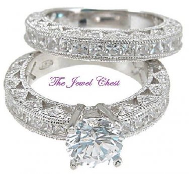 Round Princess Diamond Antique Engagement Ring Wedding Band Sterling White Gold