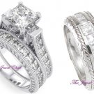 His & Hers Princess cut Engagement Ring Wedding band 14k White Gold Sterling